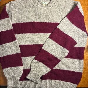 L.L. Bean Men's Burgundy and Beige Striped Vintage Crewneck Sweater